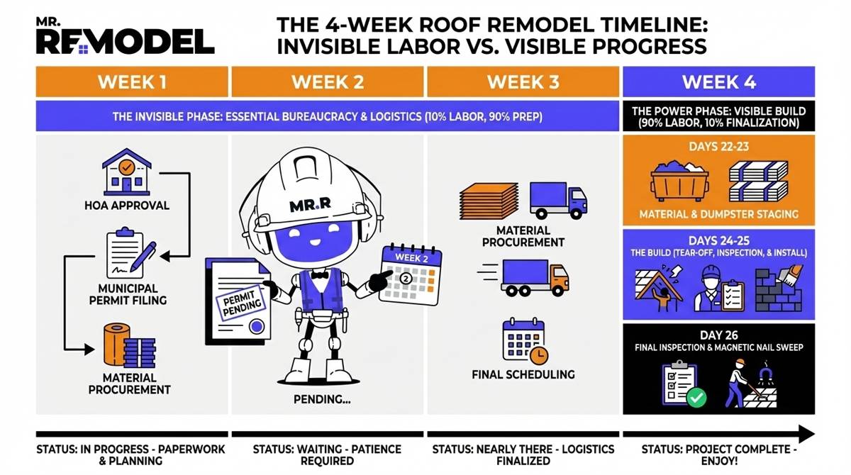 A 2026 roof replacement timeline infographic showing the 4-week cycle from permit filing and HOA approval to the final 48-hour physical installation.
